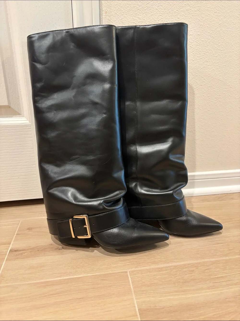 Boots -Steve Madden Black Over-the-Knee Pointed-Toe Boots with Buckle